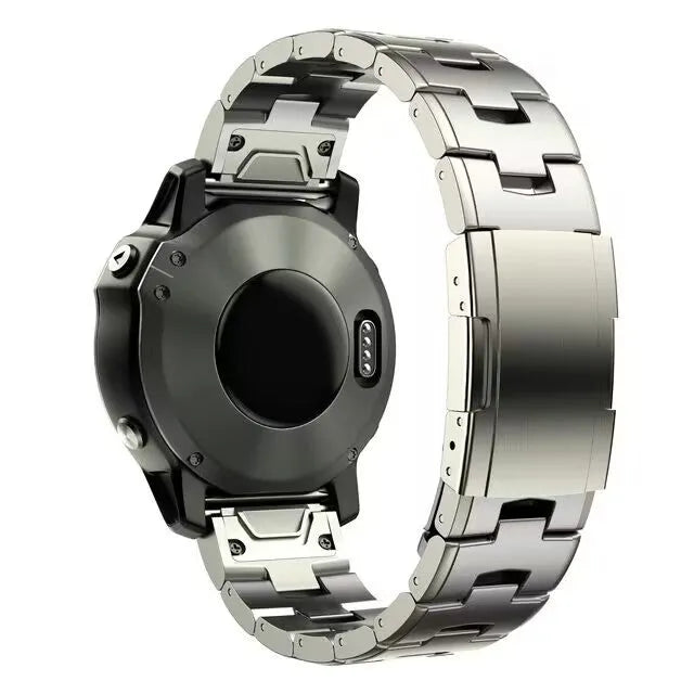Garmin Jiaming Fenix watch replacement strap in black, silver, titanium colours showing 22mm and 26mm width options