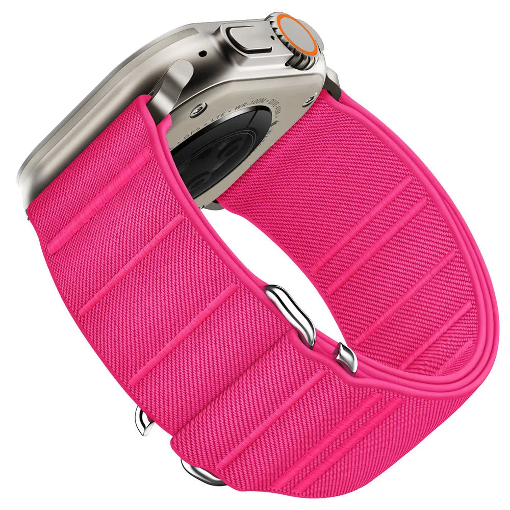 Elastic nylon Apple Watch replacement strap with stainless steel buckle shown in Army Green colour.