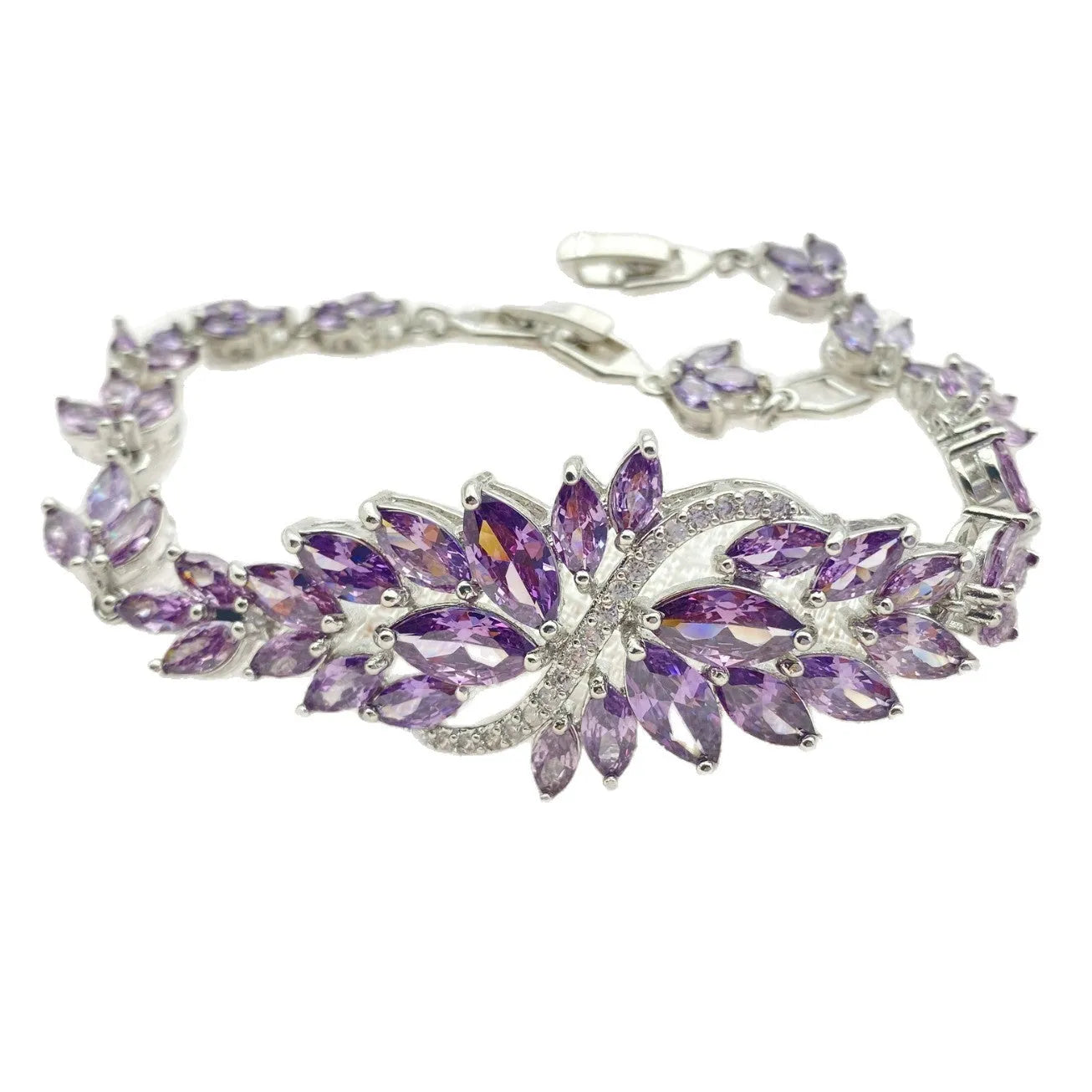 Gold electroplated copper bracelet with coloured zircon stones and ice flower design