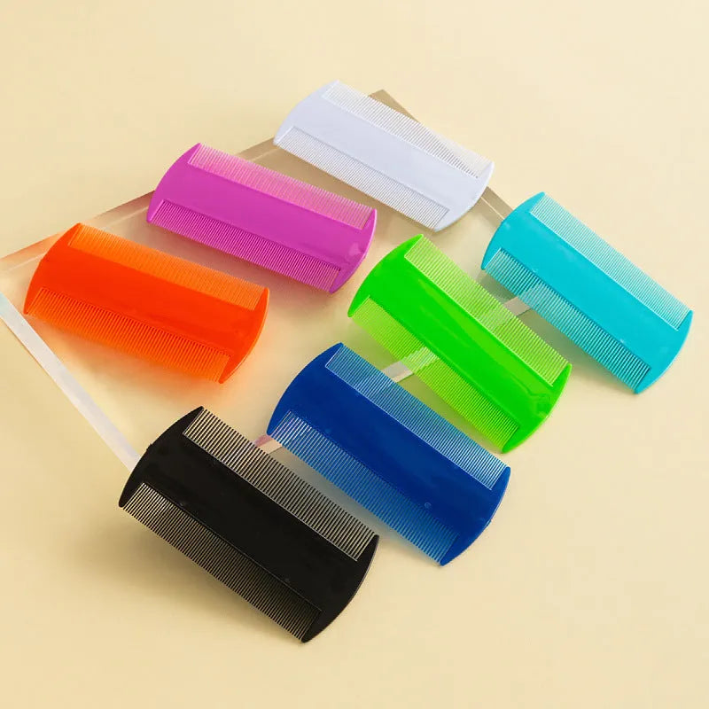Double-edged fine-toothed plastic lice comb in various colours, showing both fine and coarse sides, scale shown with 8cm length.