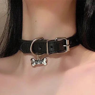 Black mixed material collar chain necklace with adjustable perimeter showing three designs: LD leather, cute bone, and cat's paw collars.