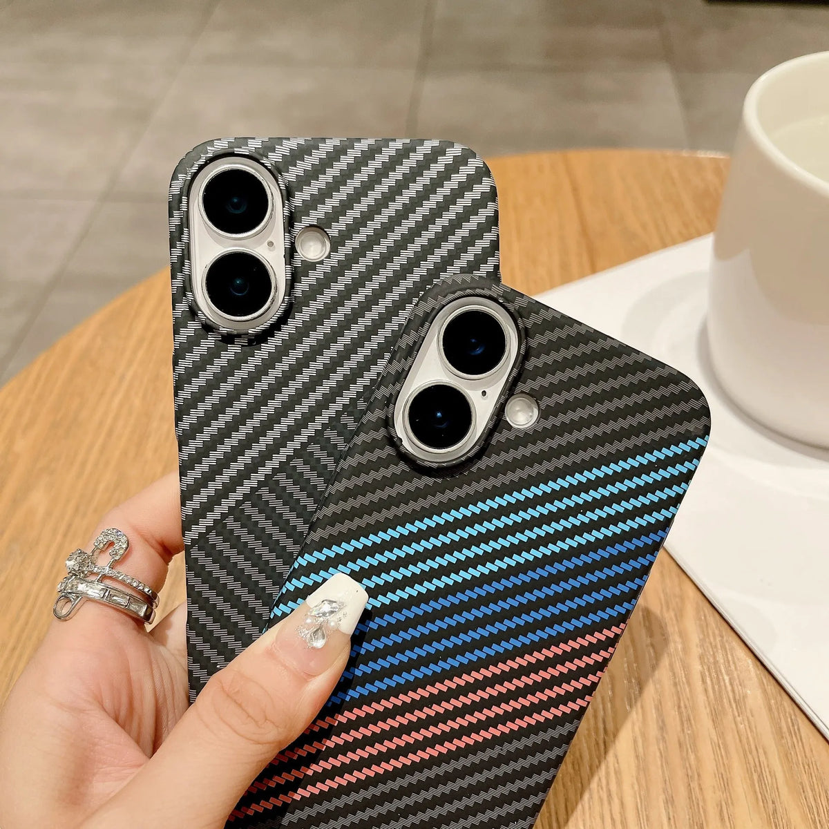 Carbon fibre magnetic phone case for iPhone 16 Pro Max, black and red contrast, frosted lattice pattern, PC material