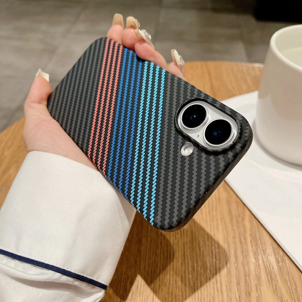 Carbon fibre magnetic phone case for iPhone 16 Pro Max, black and red contrast, frosted lattice pattern, PC material