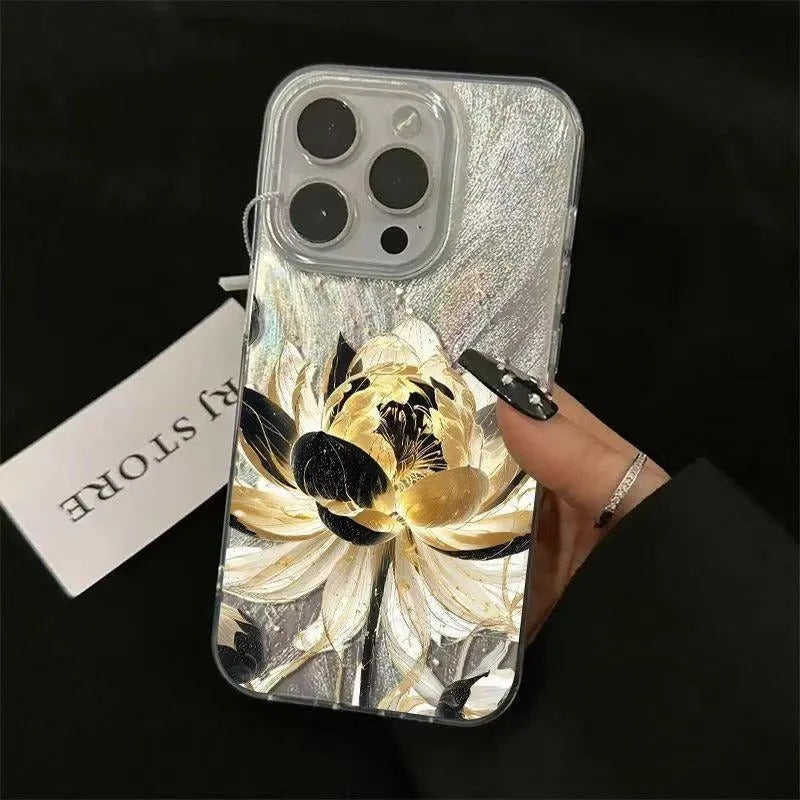Blue Lotus light luxury hard PC phone case for Apple iPhone on a table.