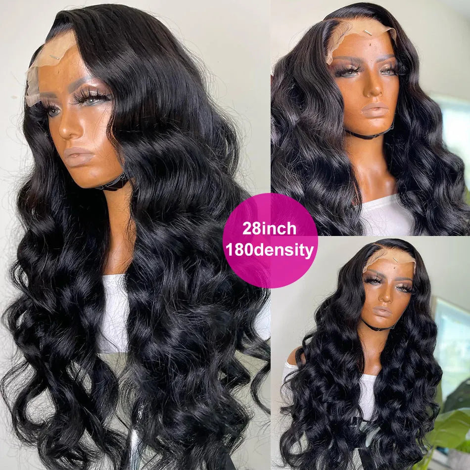 Black synthetic wig with long curly hair, side bangs, and a front lace design.