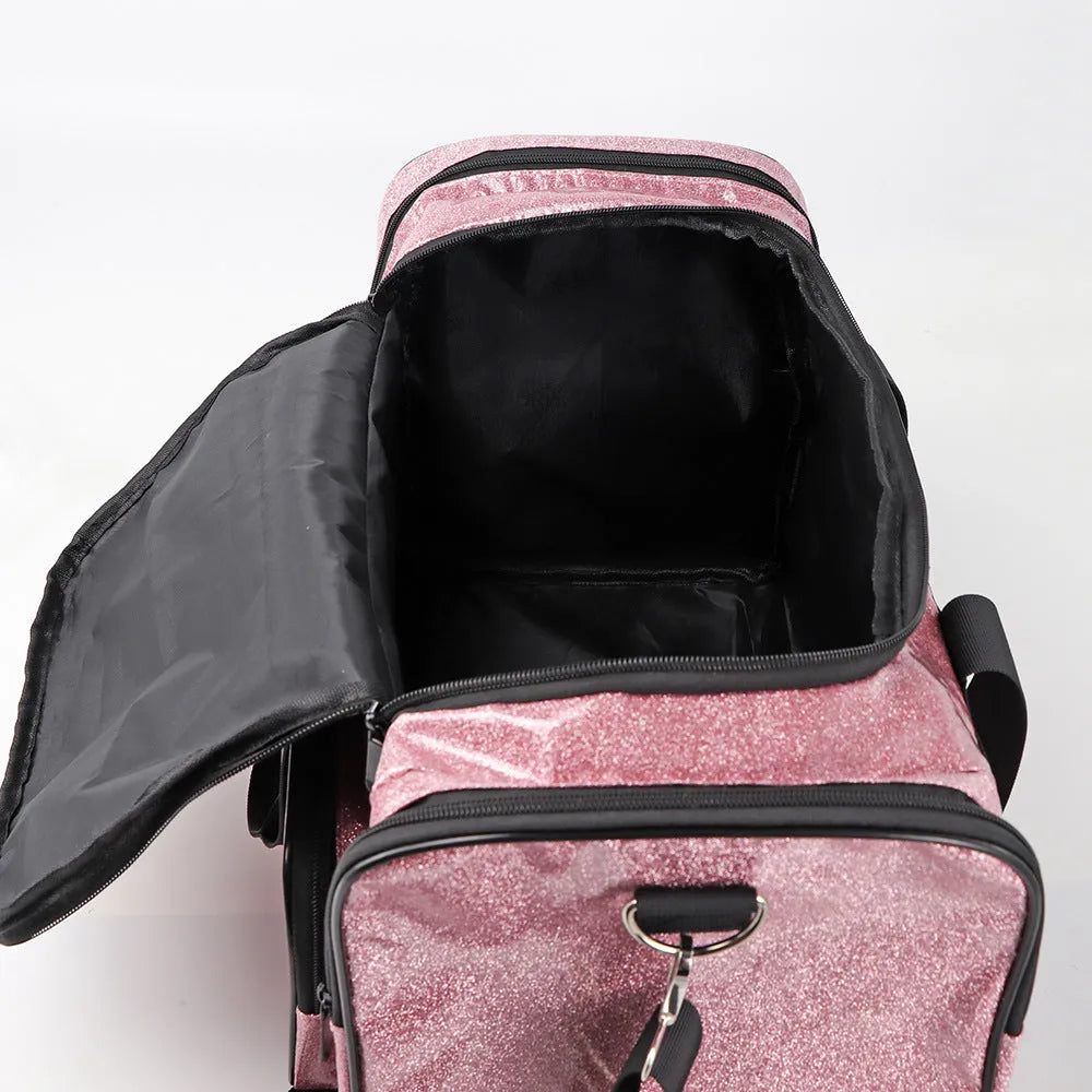 Large silver PU leather sports handbag with letter detailing showing interior compartments