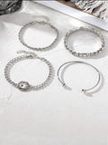Retro geometric alloy bracelet four-piece set with square diamond details in gold and silver colours.