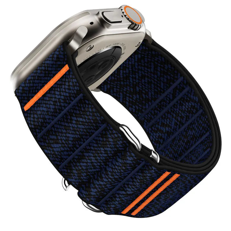 Elastic nylon Apple Watch replacement strap with stainless steel buckle shown in Army Green colour.