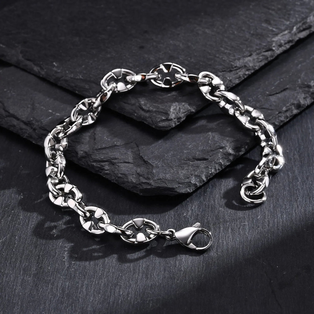 Handmade thick geometric stainless steel chain bracelet in steel colour.