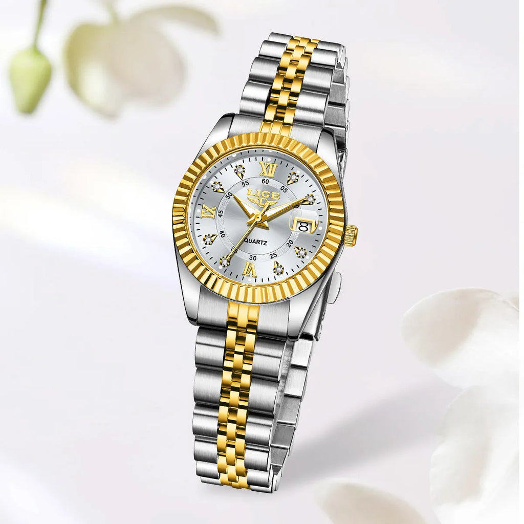 Waterproof ladies fashion quartz watch in gold or silver tones, 10mm thick.