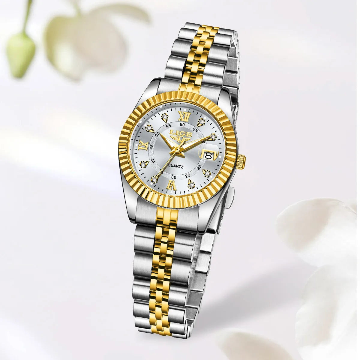 Waterproof ladies fashion quartz watch in gold or silver tones, 10mm thick.