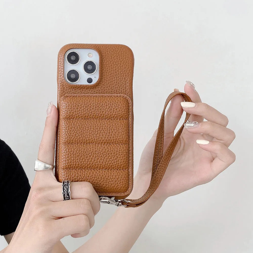 Drop-resistant leather down card holder phone case for iPhone in black with lanyard and bracket