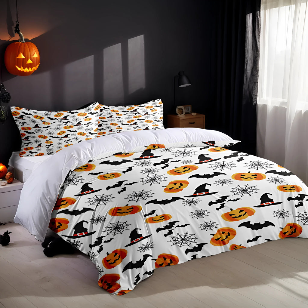 White Halloween-themed three-piece bed set with digitally printed patterns showing quilt cover and pillowcases