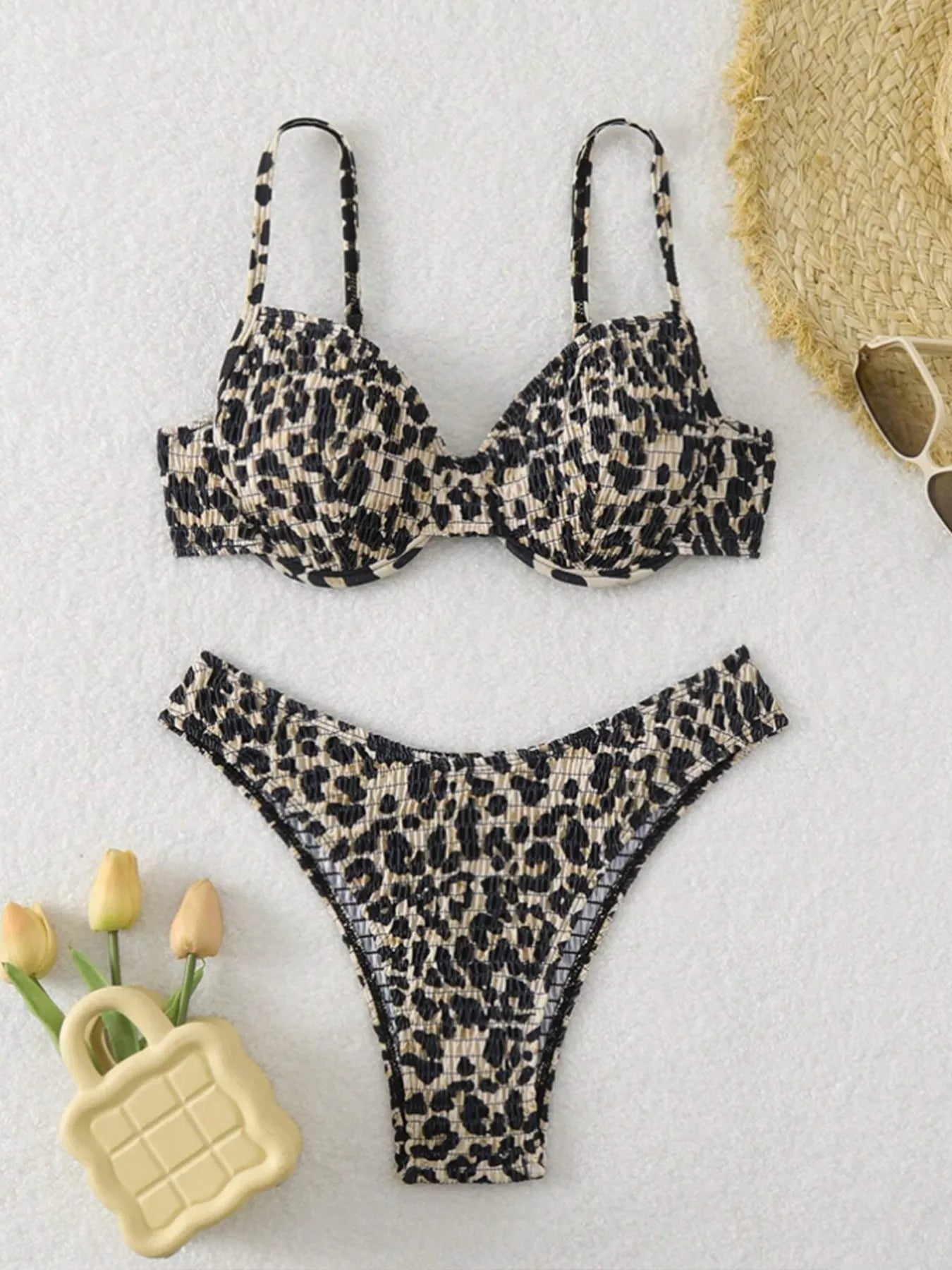 Women's leopard print backless bikini swimsuit in brown mixed colour