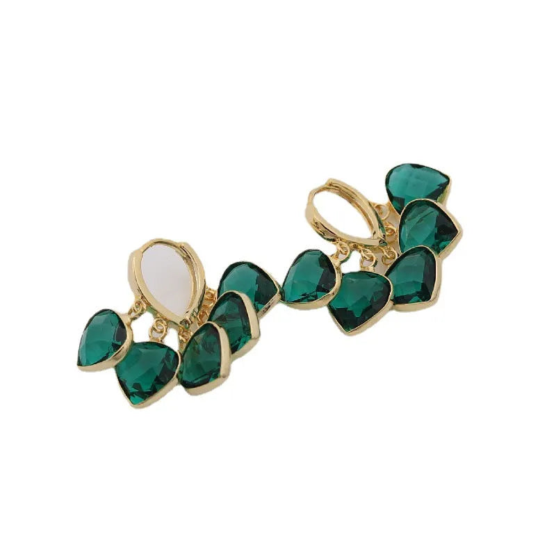Green heart-shaped Korean style ear clip earrings with glass and artificial gemstone detailing
