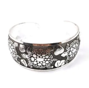 Ethnic carved open Miao silver style bracelet in alloy with Roman shape design
