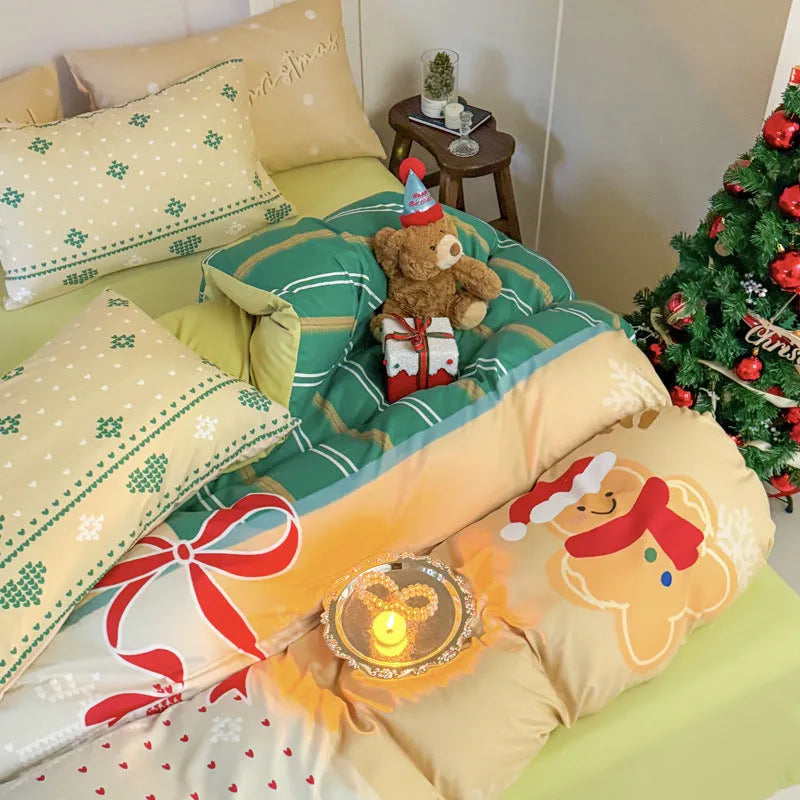 Christmas cartoon printed four-piece bedding set with duvet cover, sheet, and pillowcases on a bed