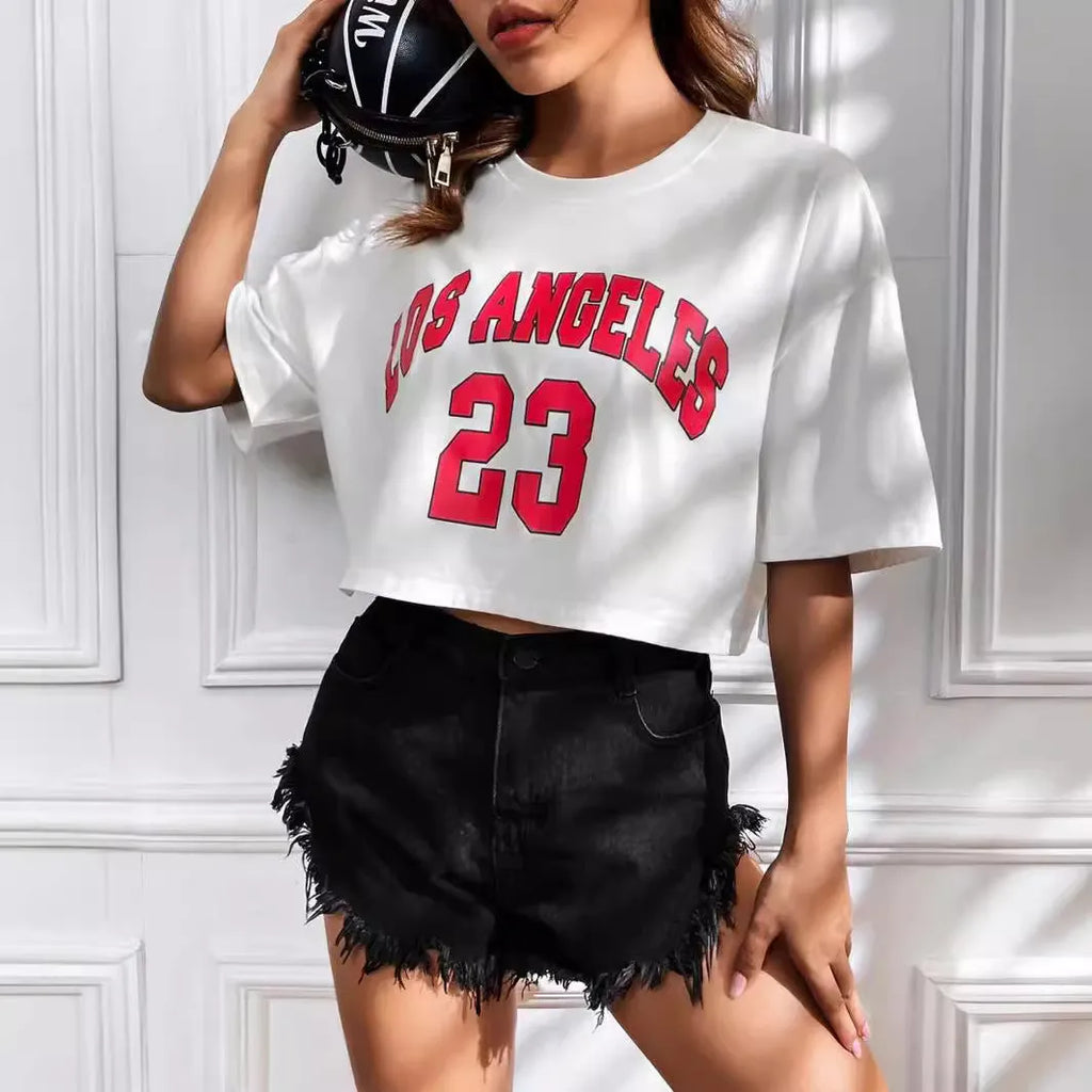 Black cotton crop top T-shirt with printed white English letters, loose fit and short sleeves.