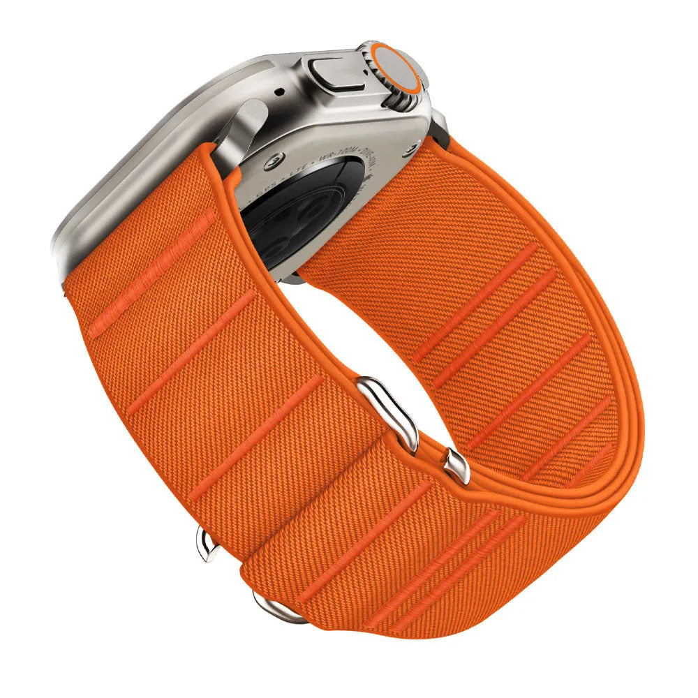 Elastic nylon Apple Watch replacement strap with stainless steel buckle shown in Army Green colour.