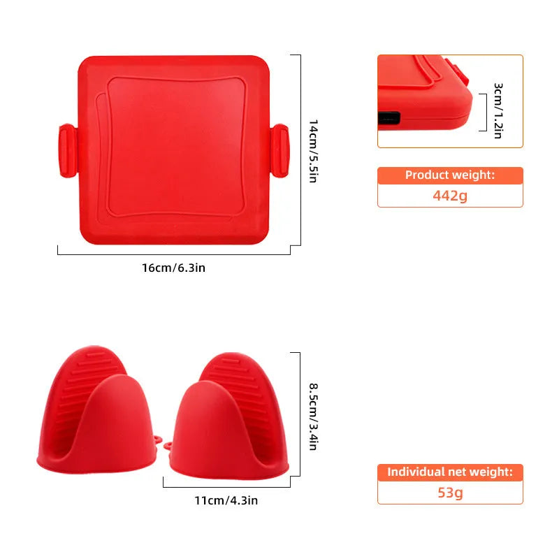 Red silicone baking tray with anti-scald design and protective gloves