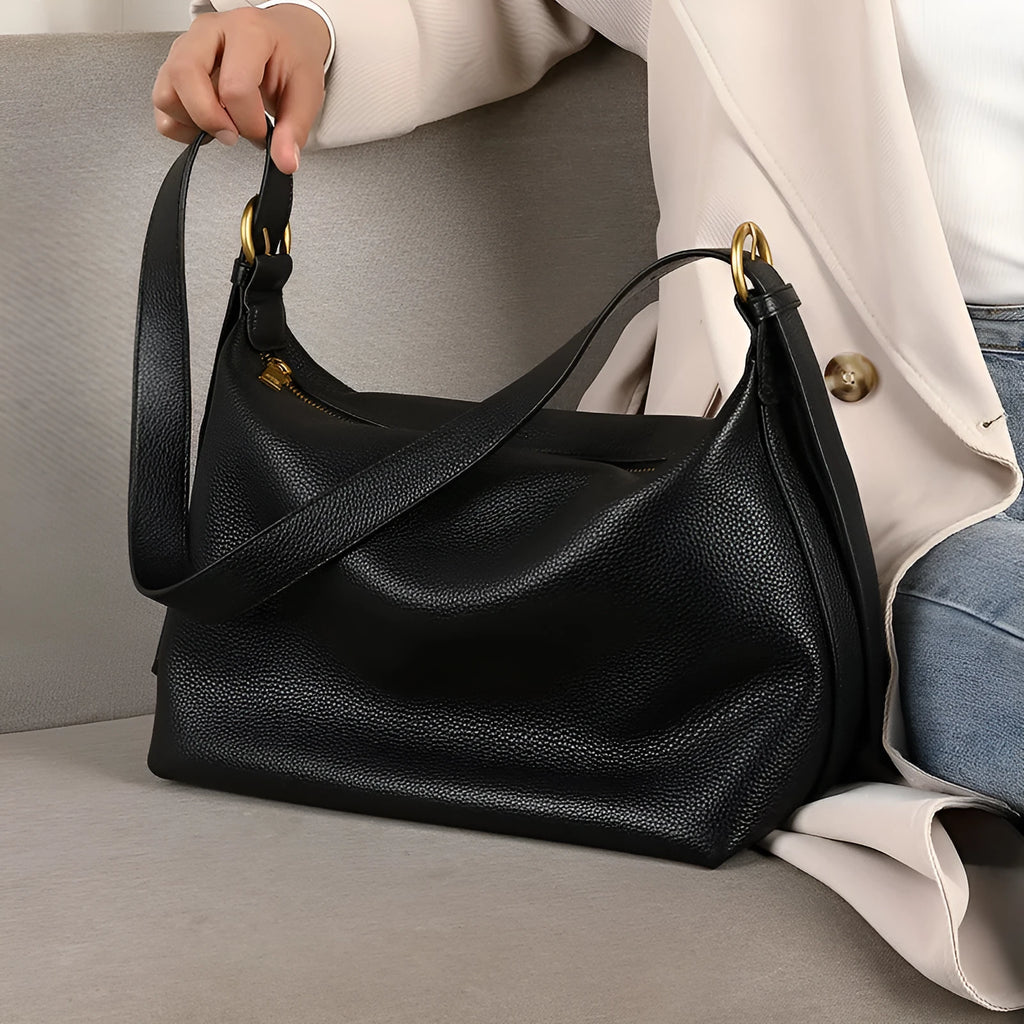 Black litchi grain genuine leather cowhide crossbody underarm bag with open outer pocket and stitching