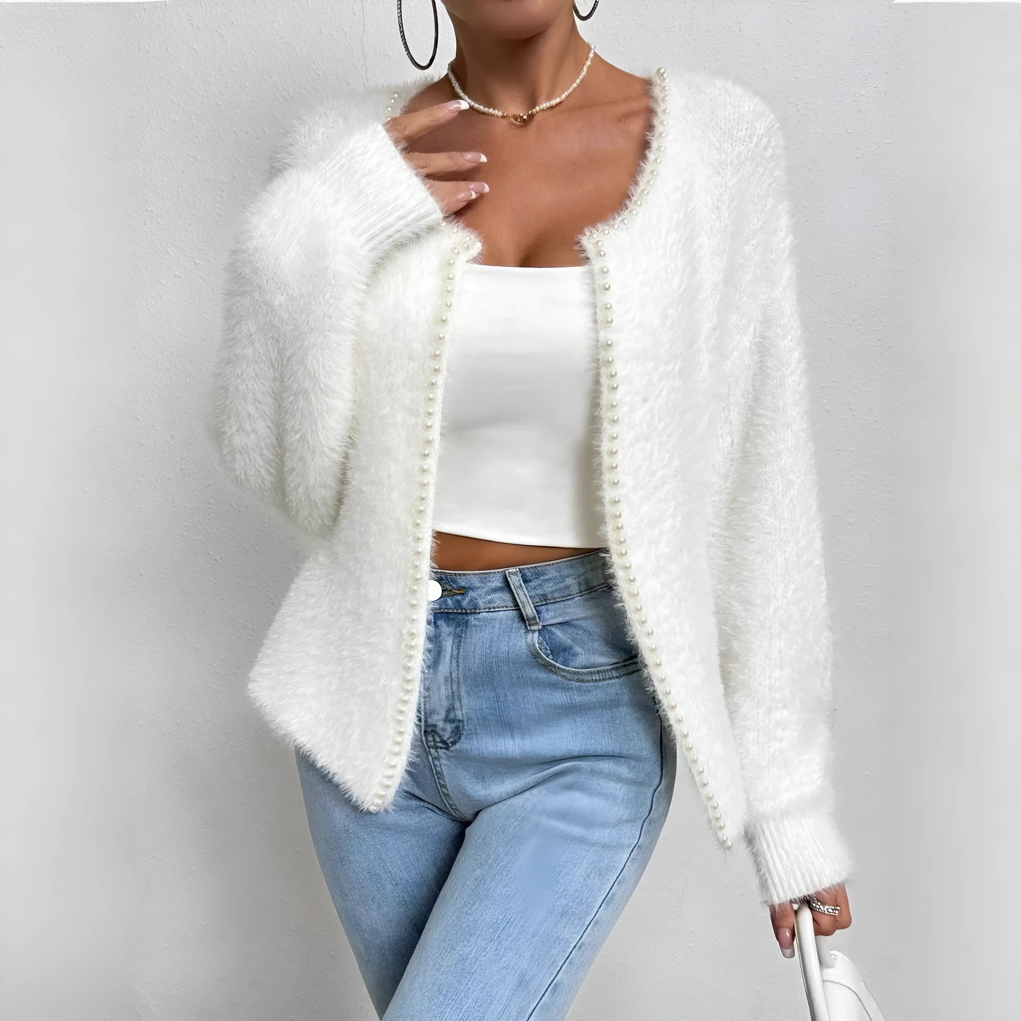 Women's white V-neck cardigan sweater with bead knit design, 50cm length