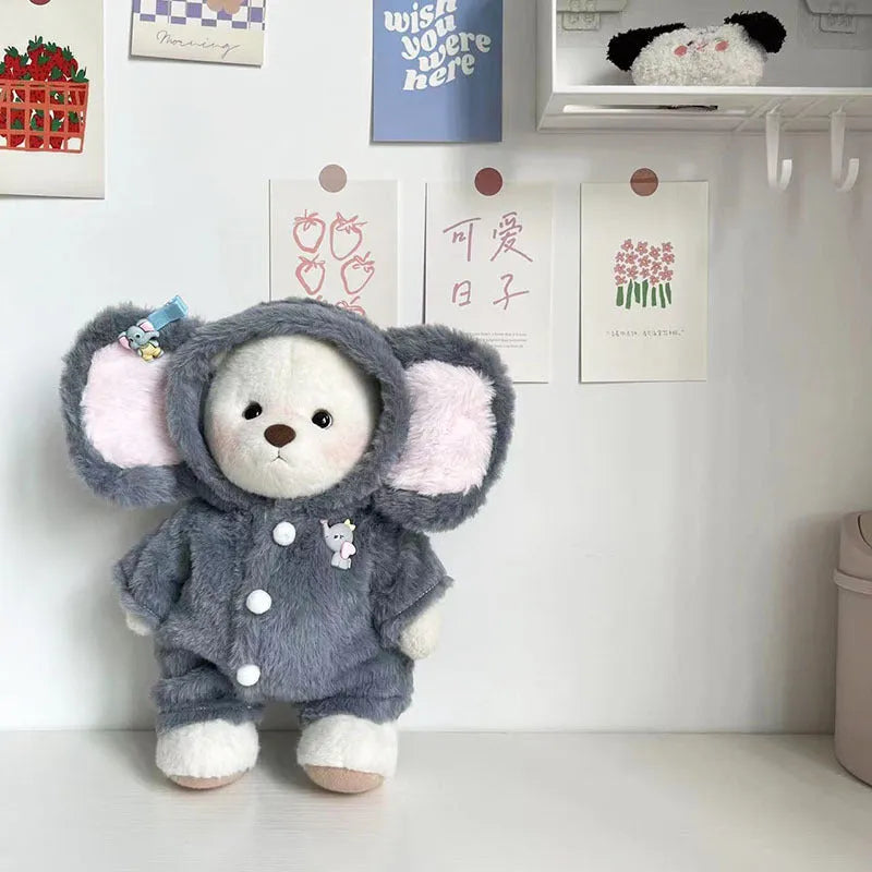Grey elephant-themed plush jumpsuit for a 30cm tall teddy bear on a neutral background.