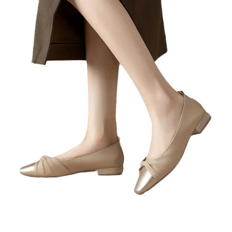 Women's casual PU leather loafers in beige gold with low flat heel, side view