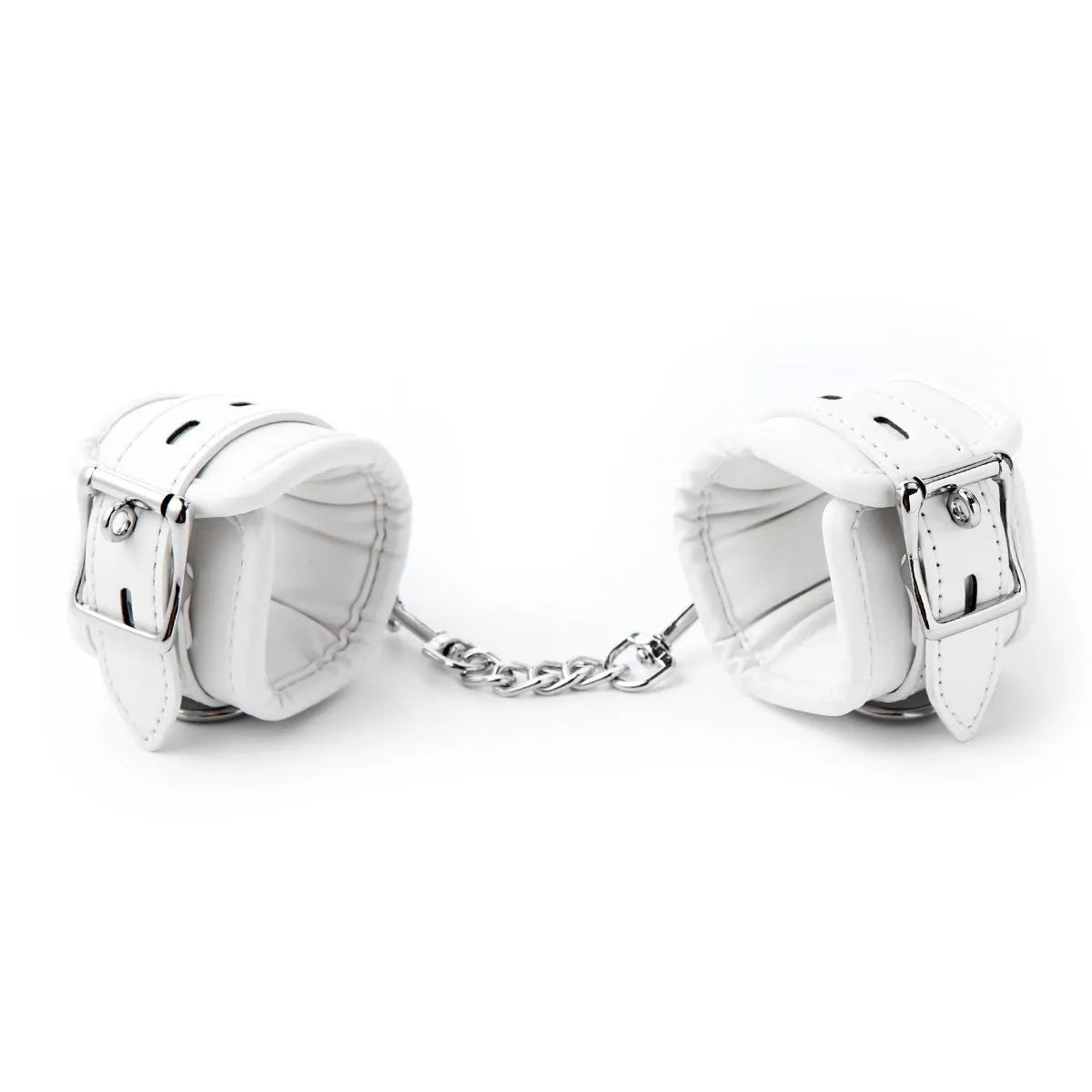 White PU sponge bondage handcuffs, foot cuffs, and neck scarf set on a plain background.