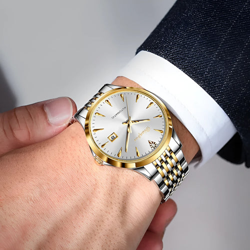 Men's stainless steel automatic watch with a simple dial and mineral glass crystal.