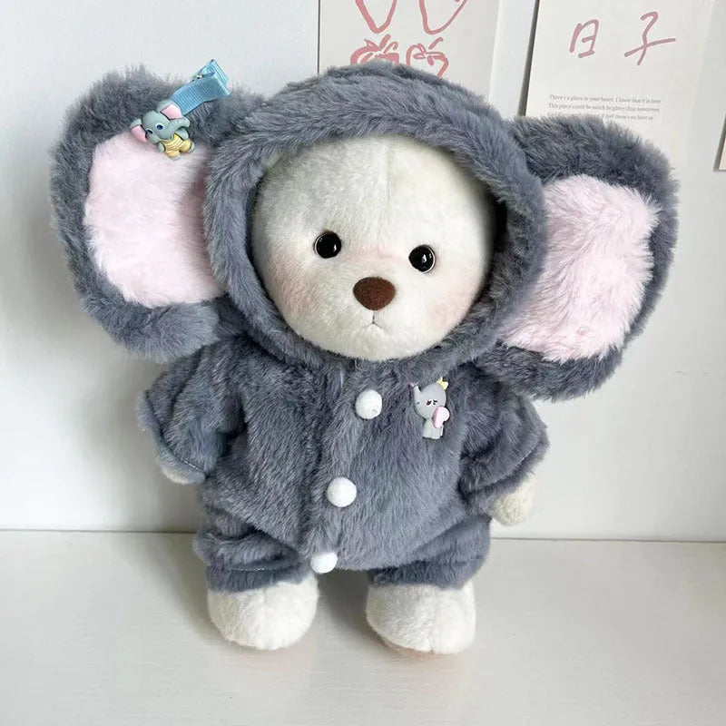 Grey elephant-themed plush jumpsuit for a 30cm tall teddy bear on a neutral background.