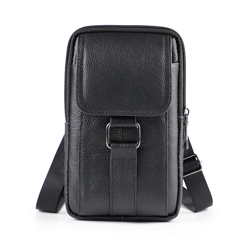 Men's black genuine leather waist bag with lock, shown in vertical square shape.