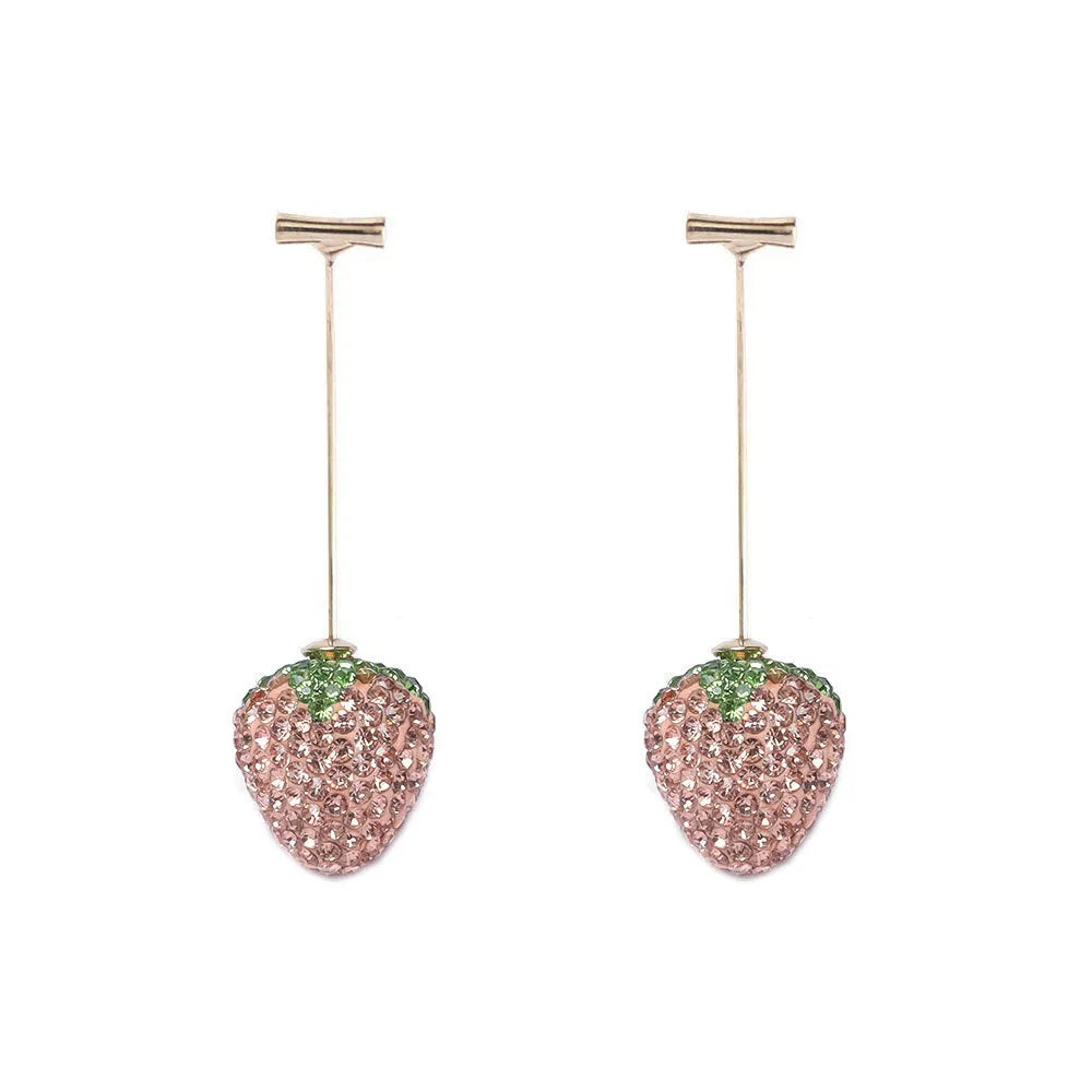 Pair of geometric strawberry stud earrings with spot drill texture in red zinc alloy, shown from front.