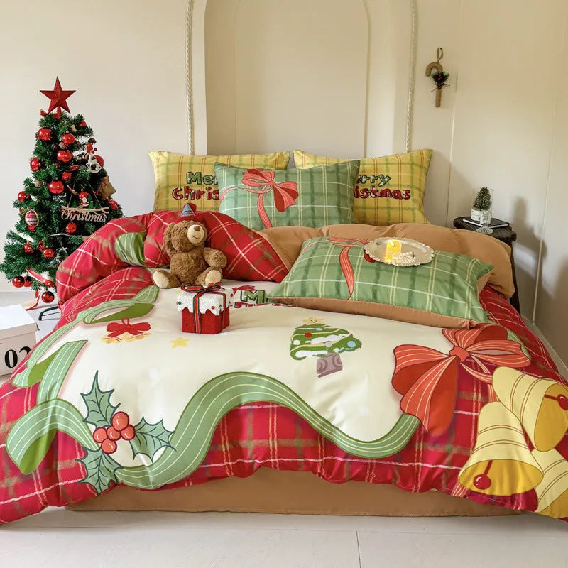 Christmas bedding four-piece set with soft washed cotton texture and colourful cartoon prints.
