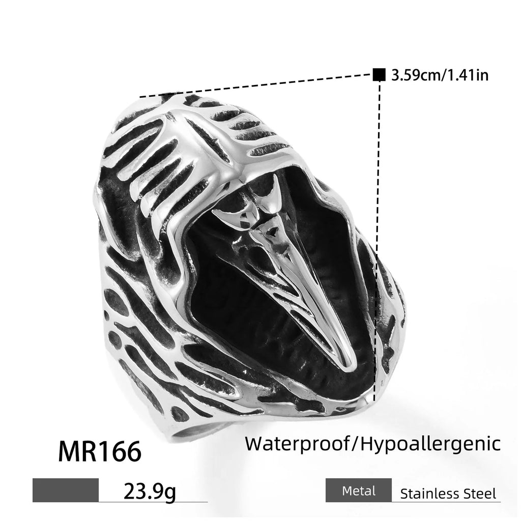 Crow design stainless steel ring in geometric shape, colour MR166, on a grey background.