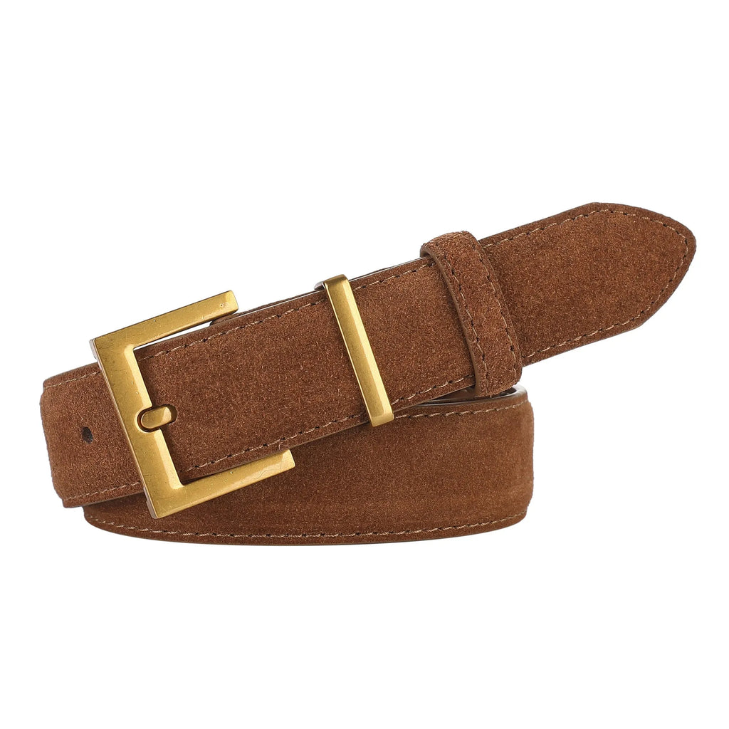 Ladies' black genuine leather belt with alloy pin buckle showing quadrilateral styling details