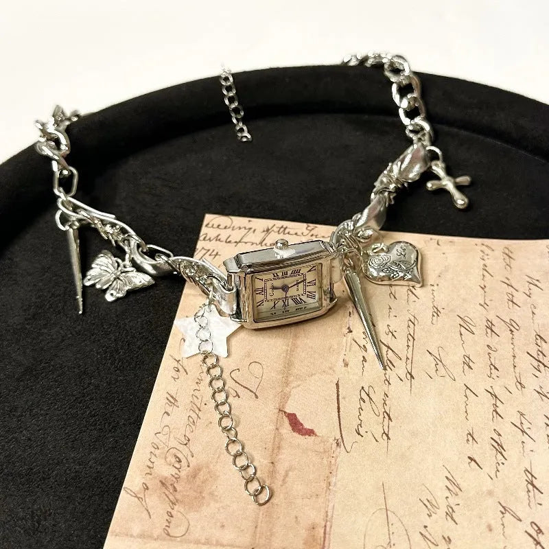Dark women's multi-layer cross necklace with twin clavicle chains and hemp flower pattern