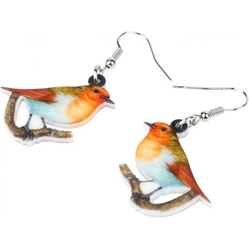 Blue Titmouse bird charm acrylic drop earrings with geometric patterns on clear pendant and silver steel posts.