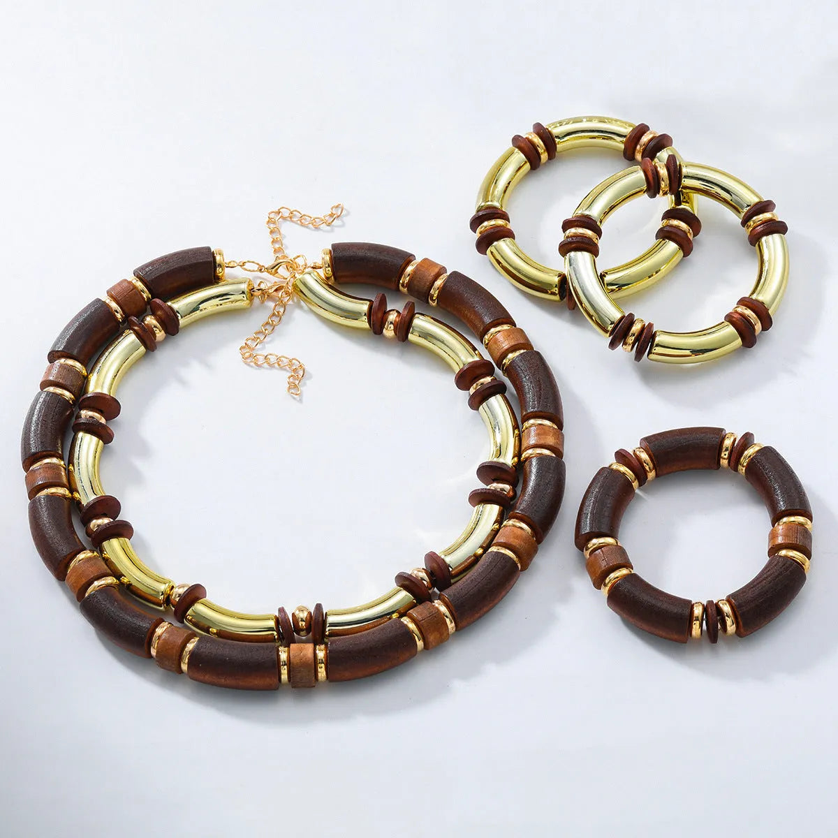 Women's multi-layer wooden necklace and bracelet set with alloy circular pendants