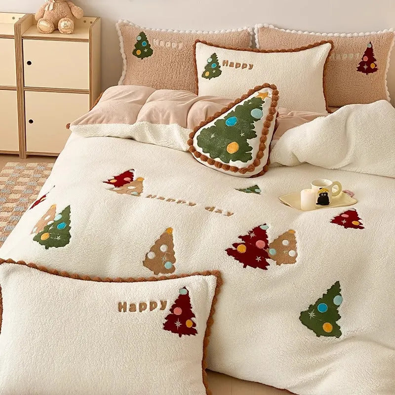 Bright yellow winter cartoon print duvet cover set with embroidery on a bed, showing fleece lining.