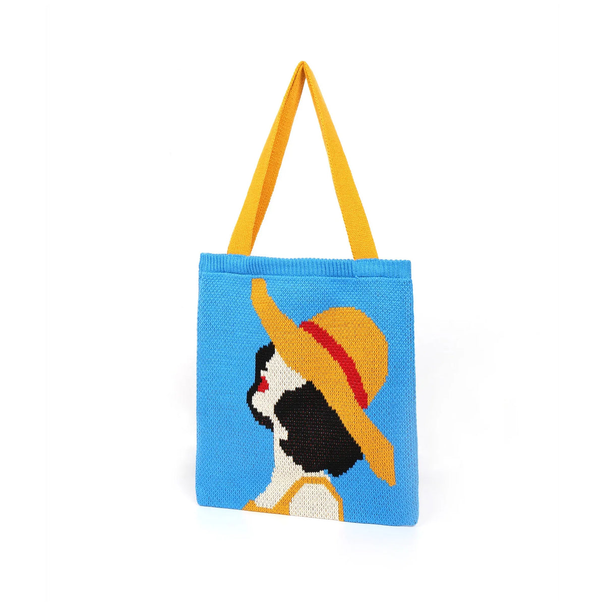 Blue urban simplicity woven handbag with box shape and soft handle on textile surface