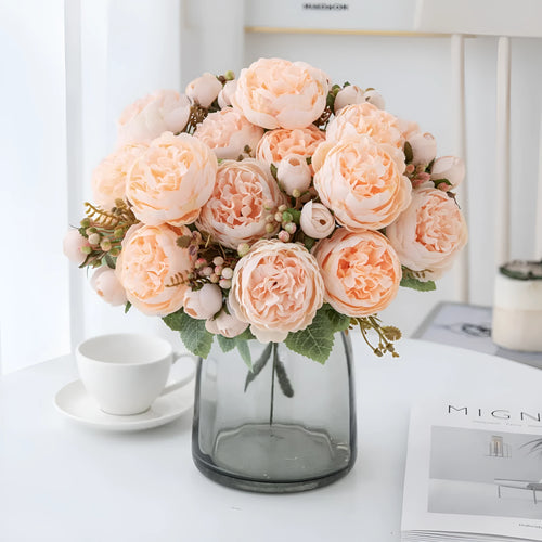 Artificial silk peony flower bouquet in champagne, pink, purple, sand red, or white for home and event decoration.