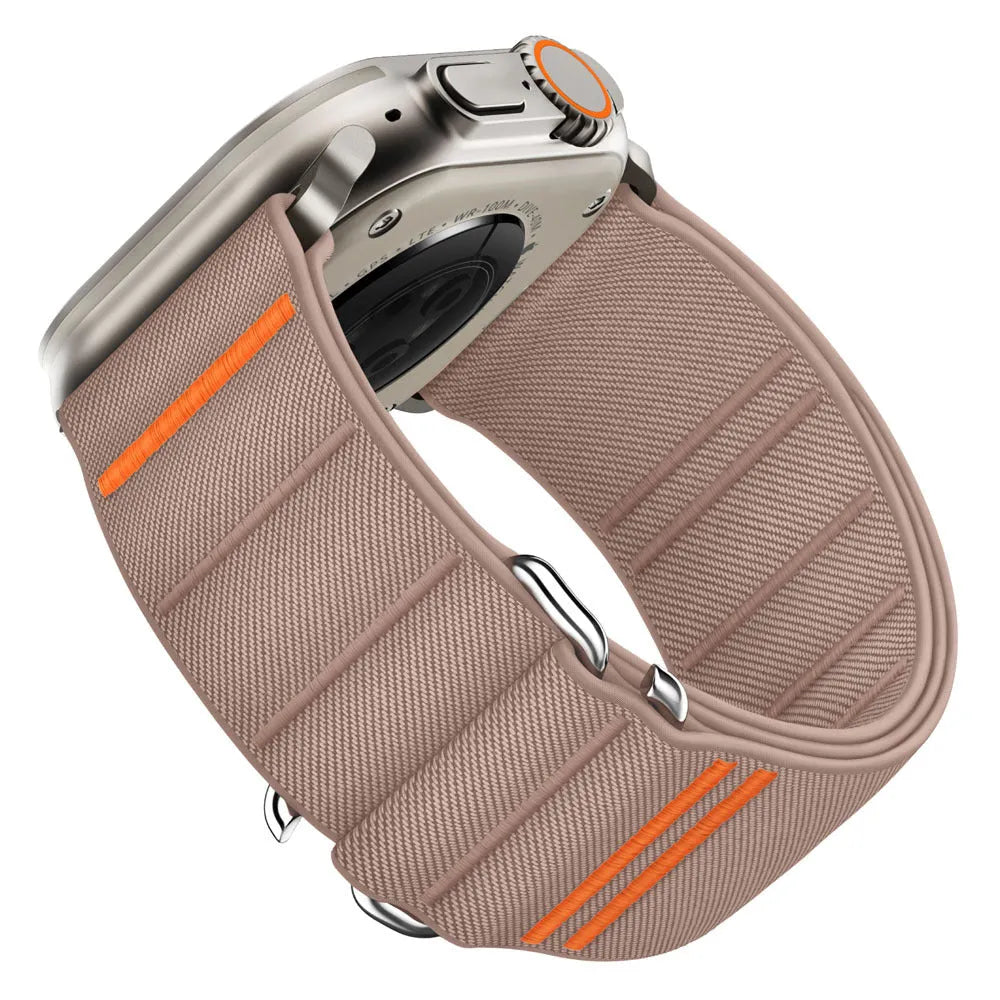 Elastic nylon Apple Watch replacement strap with stainless steel buckle shown in Army Green colour.