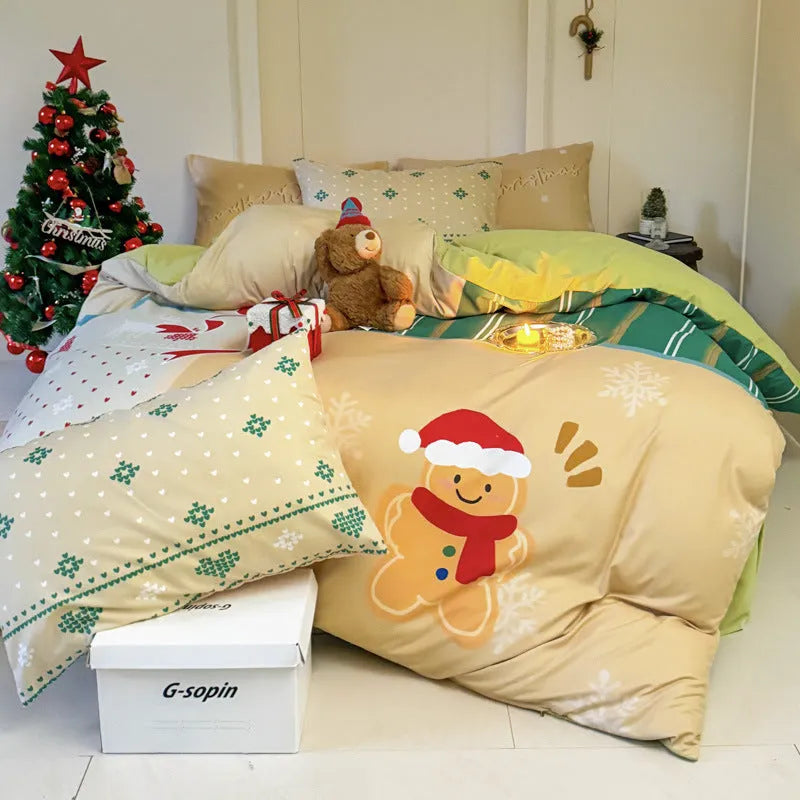 Christmas cartoon printed four-piece bedding set with duvet cover, sheet, and pillowcases on a bed