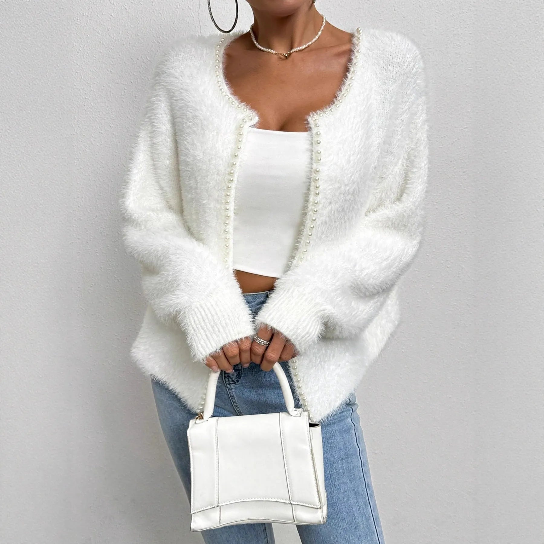 Women's white V-neck cardigan sweater with bead knit design, 50cm length