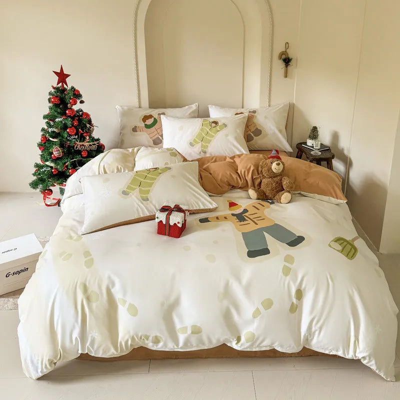 Christmas bedding four-piece set with soft washed cotton texture and colourful cartoon prints.