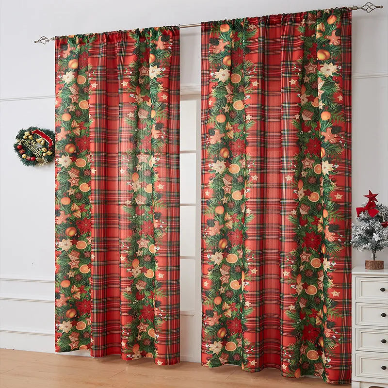 Rectangular Christmas-themed curtain with printed designs showing semi-sunshade function