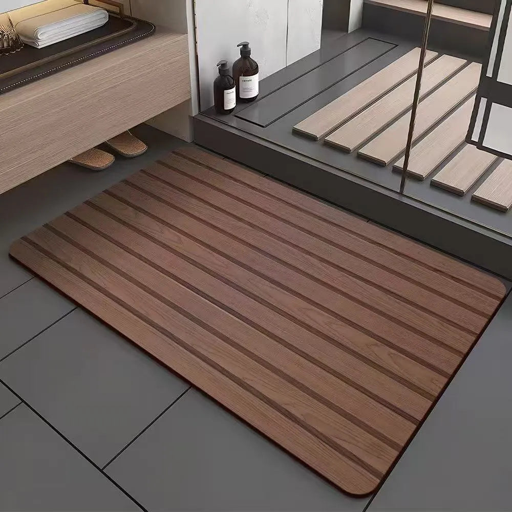 Square American wood grain geometric pattern diatom ooze bathroom floor mat on tiles.