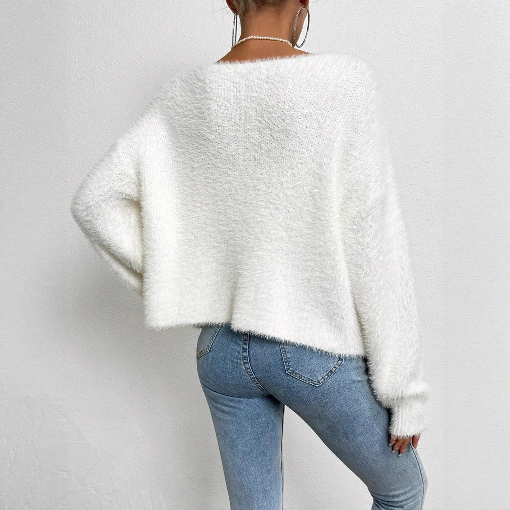 Women's white V-neck cardigan sweater with bead knit design, 50cm length