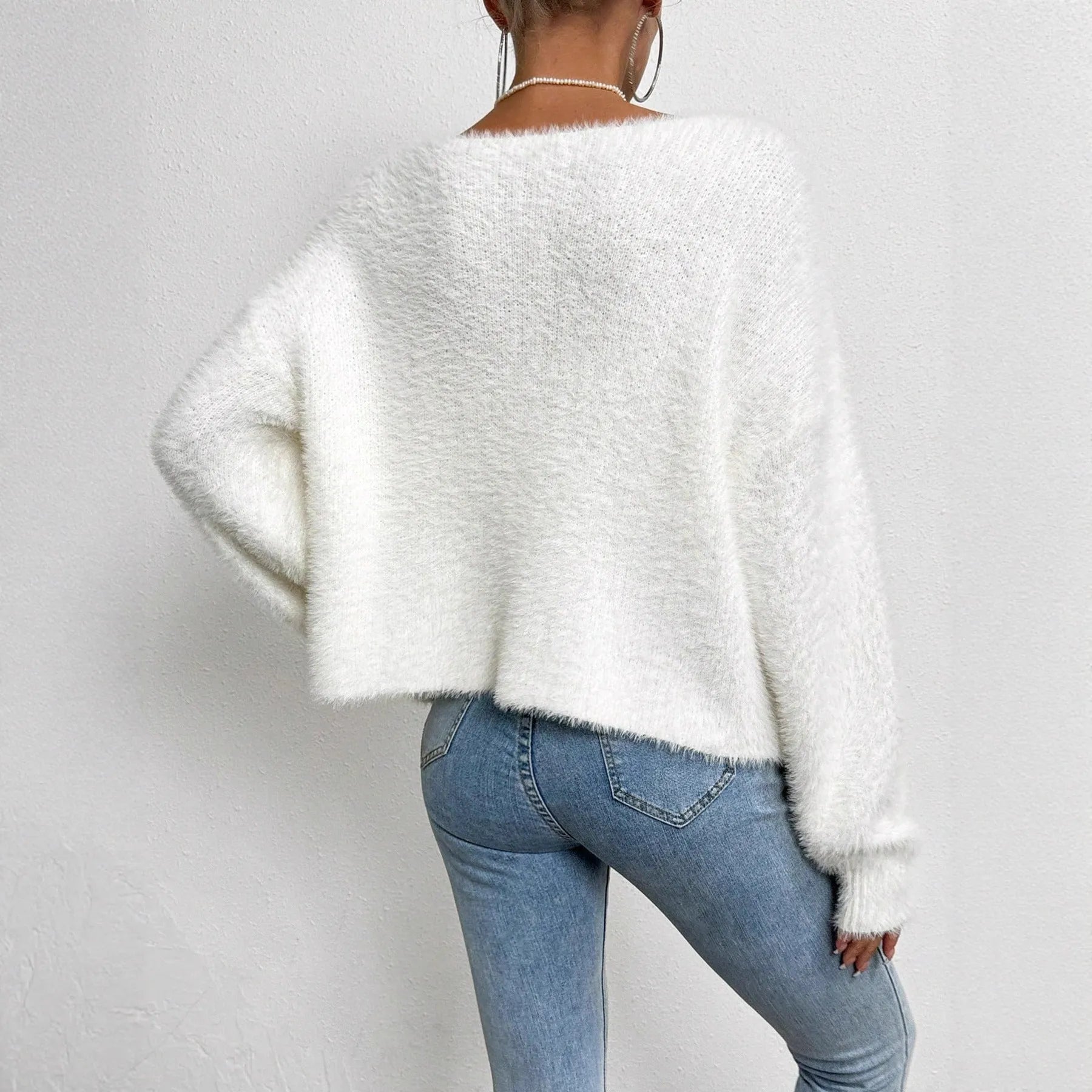 Women's white V-neck cardigan sweater with bead knit design, 50cm length